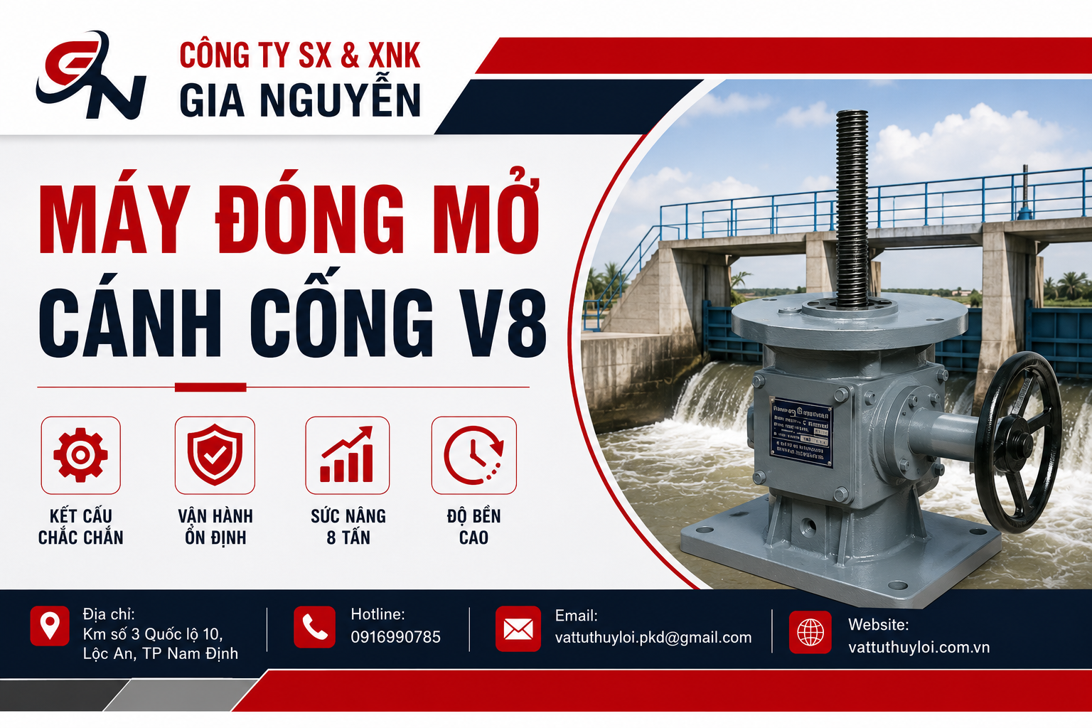 Máy đóng mở cánh cống V8 sức nâng 8 tấn – Giải pháp vận hành cống thủy lợi bền bỉ, an toàn