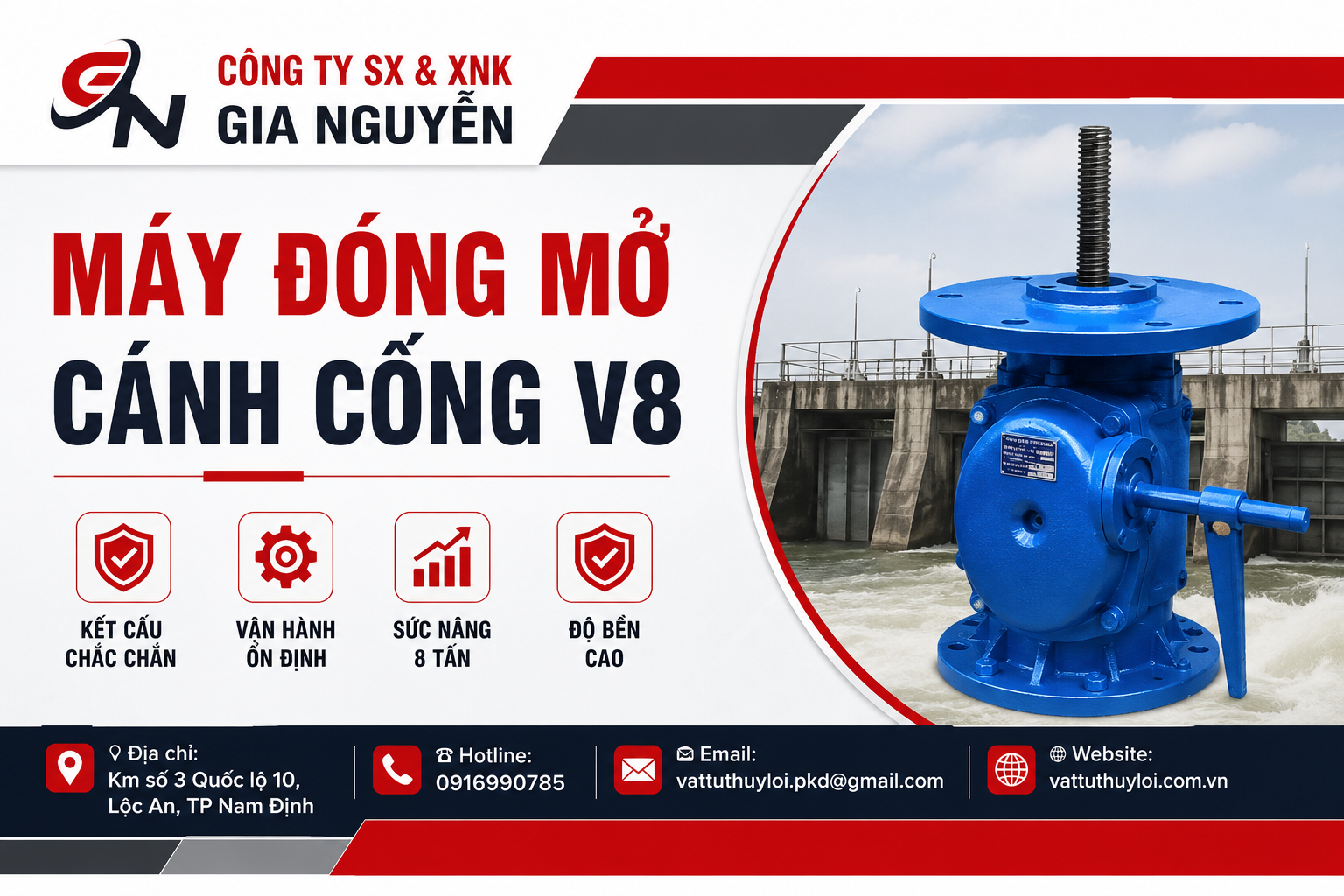 Máy đóng mở cánh cống V8 chính hãng | Máy đóng mở V8 sức nâng 8 tấn giá tốt